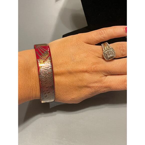 Vintage Italian Bangle Bracelet by Laurana Red & Gold Peacock - Picture 2 of 7